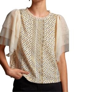 Let Me Be Sequin Embroidered Top Anthropologie Mesh Sleeve Cotton Cream Gold XSP